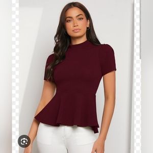 Deep Red Short Sleeve Peplum Top Size M‎ by Shein